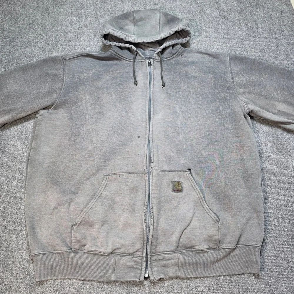 Vintage Carhartt Zip Up Hoodie Grey XL Tall‎ Distressed Sun Faded Workwear Mens